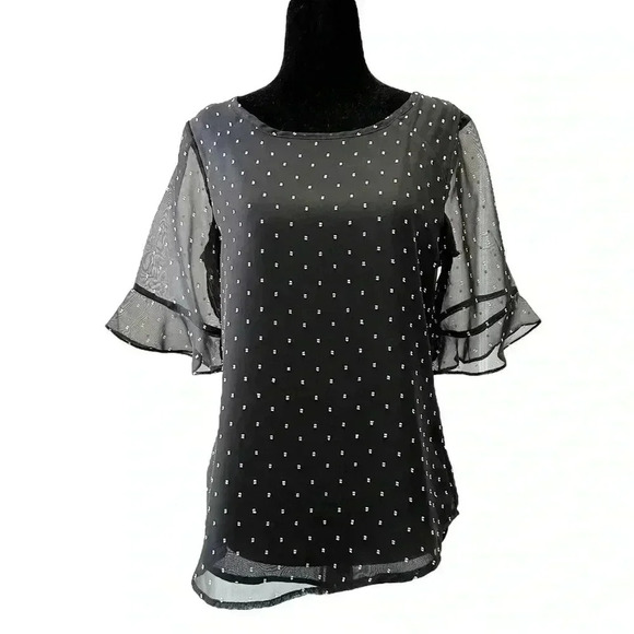 Ricki’s Blouse  Short Ruffle Sleeves Sheer Flowy Black White Polka Dots Small - Picture 1 of 14
